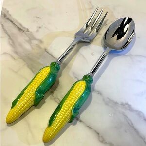 Pair of Ceramic Corn on Cob Design Serving Fork and Spoon Set